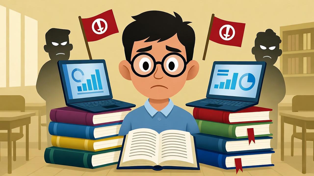 Illustration of a worried student sitting at a desk surrounded by books and laptops displaying data charts, symbolizing academic stress, plagiarism concerns, and pressure of maintaining originality in research and assignments
